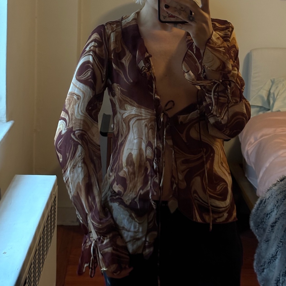 Urban Outfitters Brown and Cream 00s Style Blouse